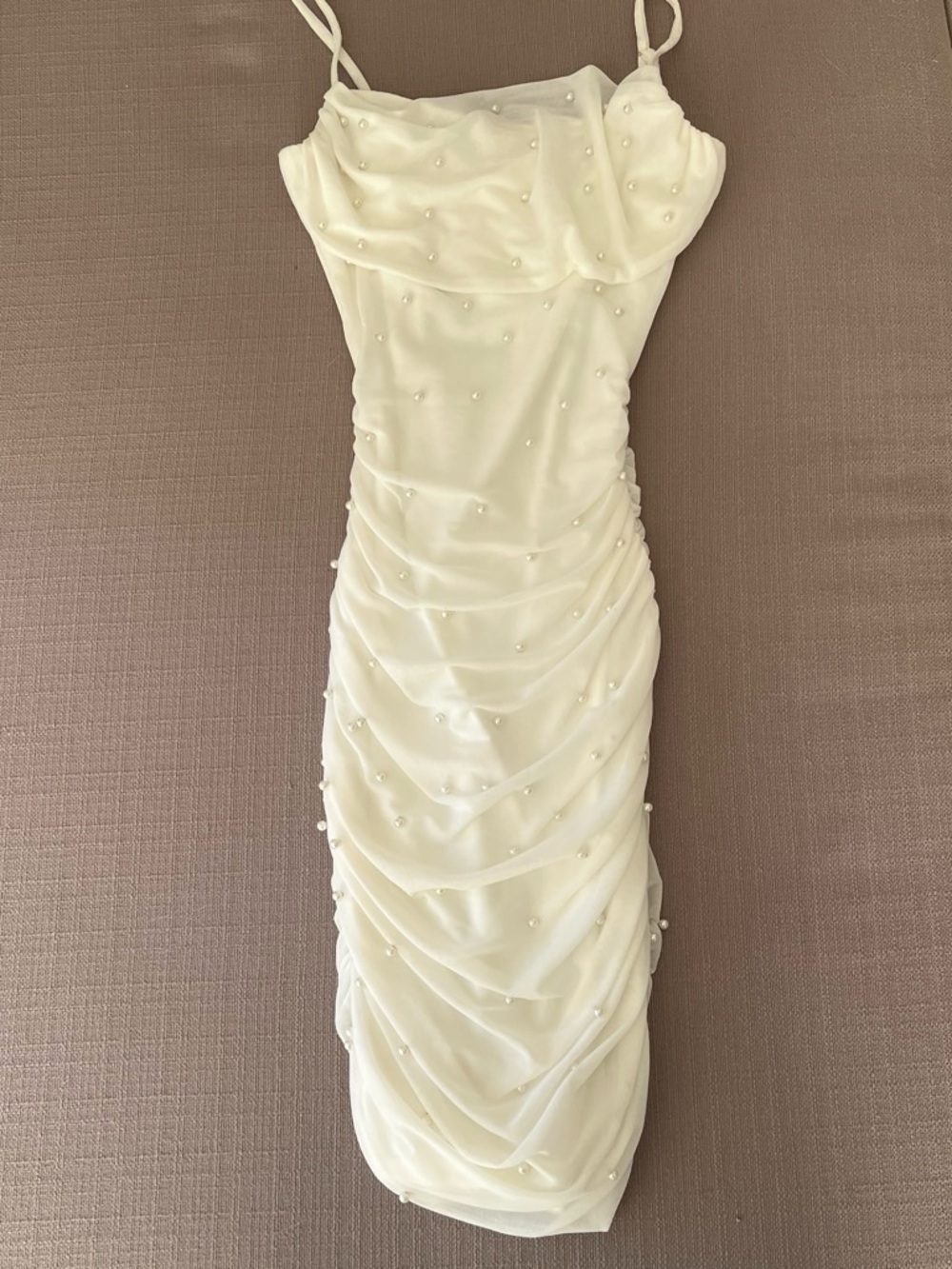 Windsor Pearl-Embellished Cream Ruched Slip Dress